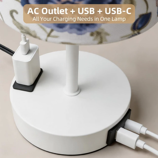Alt view image 2 of 7 - Table Lamp, Dimmable Touch, AC Outlet, USB A+C (Printed&White) 3-Way Dimmable, Small Touch Lamp with Eye-Care LED Bulb, Ideal Bright Lighting Bedside Lamps for Nightstand, Bedroom, Reading