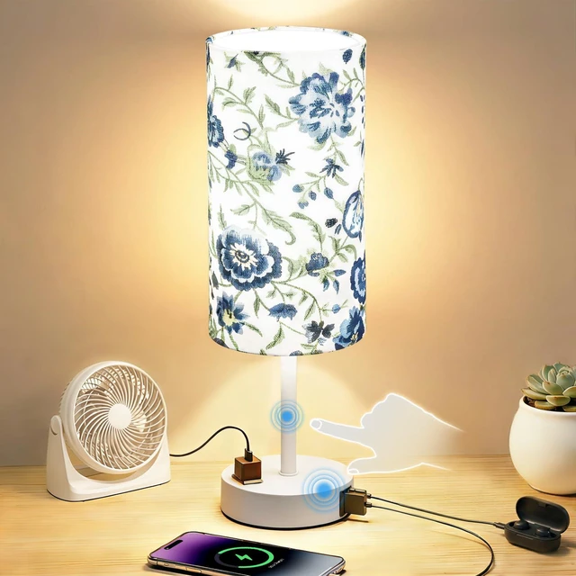 Main image of Table Lamp, Dimmable Touch, AC Outlet, USB A+C (Printed&White) 3-Way Dimmable, Small Touch Lamp with Eye-Care LED Bulb, Ideal Bright Lighting Bedside Lamps for Nightstand, Bedroom, Reading