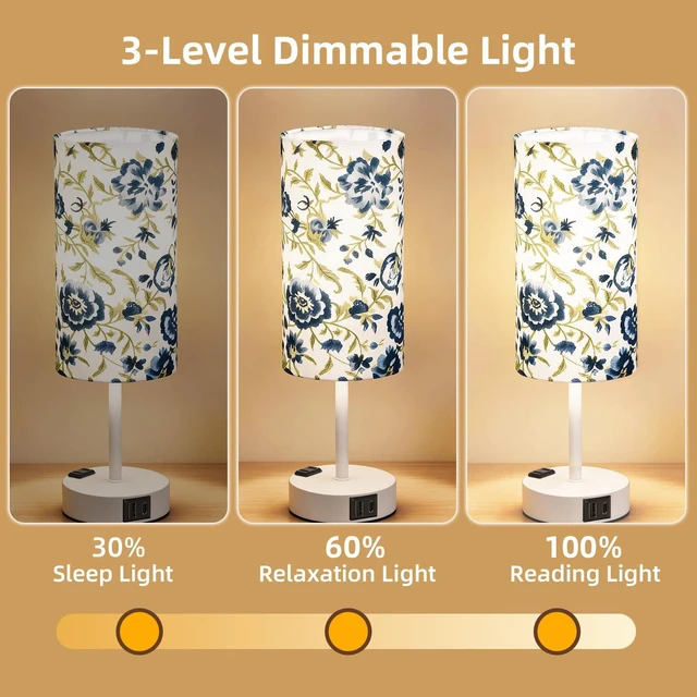 Alt view image 3 of 7 - Table Lamp, Dimmable Touch, AC Outlet, USB A+C (Printed&White) 3-Way Dimmable, Small Touch Lamp with Eye-Care LED Bulb, Ideal Bright Lighting Bedside Lamps for Nightstand, Bedroom, Reading