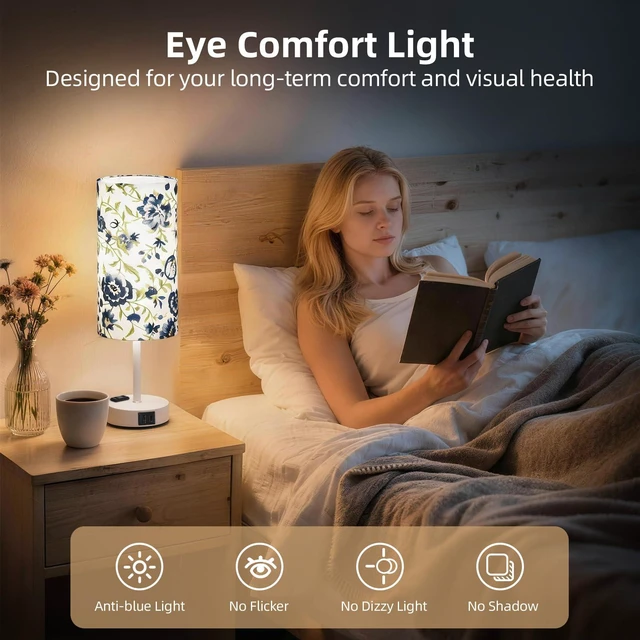 Alt view image 5 of 7 - Table Lamp, Dimmable Touch, AC Outlet, USB A+C (Printed&White) 3-Way Dimmable, Small Touch Lamp with Eye-Care LED Bulb, Ideal Bright Lighting Bedside Lamps for Nightstand, Bedroom, Reading