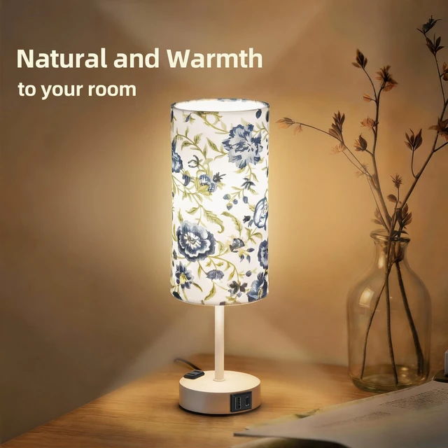 Alt view image 7 of 7 - Table Lamp, Dimmable Touch, AC Outlet, USB A+C (Printed&White) 3-Way Dimmable, Small Touch Lamp with Eye-Care LED Bulb, Ideal Bright Lighting Bedside Lamps for Nightstand, Bedroom, Reading