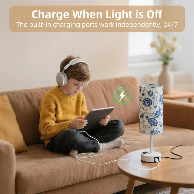 Alt view image 6 of 7 - Table Lamp, Dimmable Touch, AC Outlet, USB A+C (Printed&White) 3-Way Dimmable, Small Touch Lamp with Eye-Care LED Bulb, Ideal Bright Lighting Bedside Lamps for Nightstand, Bedroom, Reading