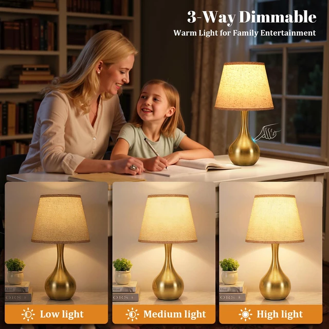 Alt view image 2 of 7 - 16.1" Touch Table Lamp for Nightstand, 3 Way Dimmable Small Bedroom Lamp Touch Control, Bulb Included, Gold Bedside Lamps for Desk, Night Stands, Living Room, End Table, Corded