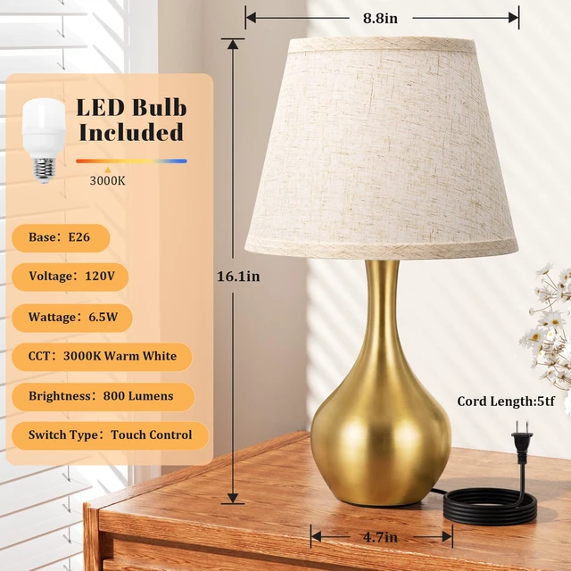 Alt view image 5 of 7 - 16.1" Touch Table Lamp for Nightstand, 3 Way Dimmable Small Bedroom Lamp Touch Control, Bulb Included, Gold Bedside Lamps for Desk, Night Stands, Living Room, End Table, Corded