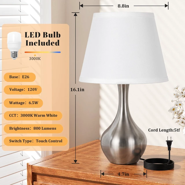 Alt view image 7 of 7 - 16.1" Touch Table Lamp for Nightstand, 3 Way Dimmable Small Bedroom Lamp Touch Control, Bulb Included, Silver Bedside Lamps for Desk, Night Stands, Living Room, End Table, Corded