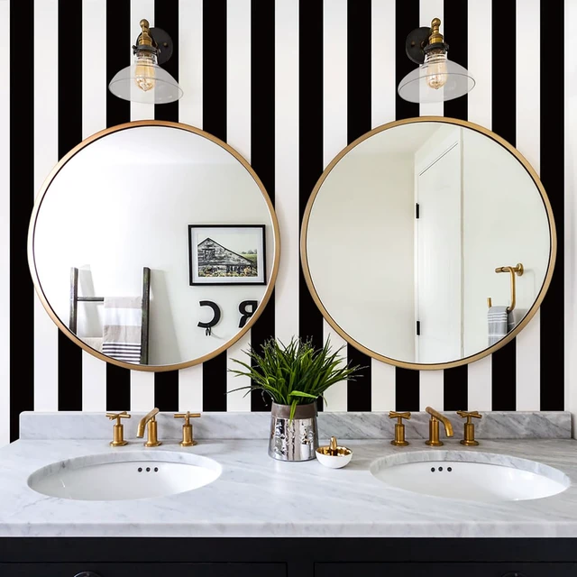 Alt view image 2 of 7 - Black and White Striped Wallpaper Peel and Stick Wallpaper Vinyl 17.7x236.2 Striped Contact Paper Stripe Wallpaper Waterproof Removable Self Adhesive Wall Paper for Bathroom Decor Vinyl
