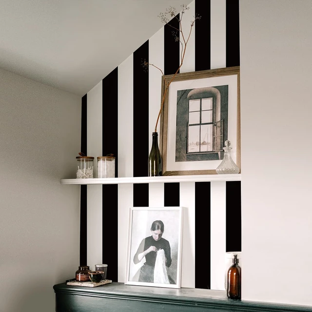 Alt view image 7 of 7 - Black and White Striped Wallpaper Peel and Stick Wallpaper Vinyl 17.7x236.2 Striped Contact Paper Stripe Wallpaper Waterproof Removable Self Adhesive Wall Paper for Bathroom Decor Vinyl
