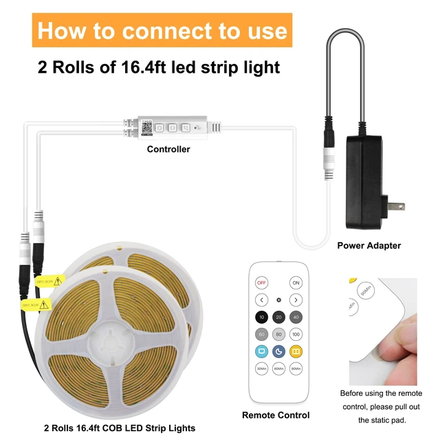 Alt view image 3 of 6 - 32.8ft White COB LED Strip Light with RF Romote and Power Supply 3200 LEDs, RF Remote & UL Power Supply, 6000K Dimmable,Bedroom Kitchen Wardrobe DIY Home Decoration, 2 Rolls of 16.4ft