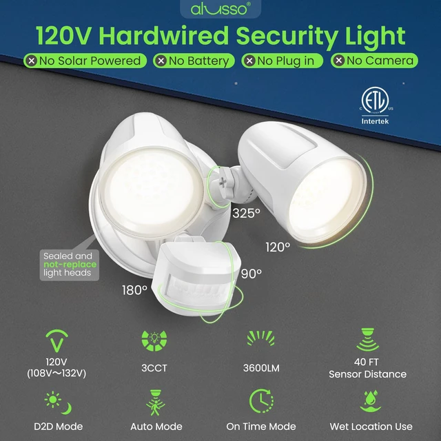 Alt view image 3 of 7 - Metal Heads Motion Sensor Outdoor Lights 30W 3600LM 120V ETL Listed 3 Modes (Dusk to Dawn/Auto/On Time), 3CCT 3000K/4000K/6500K Hardwired Waterproof Flood Lights Outdoor for Porch, White 1PC