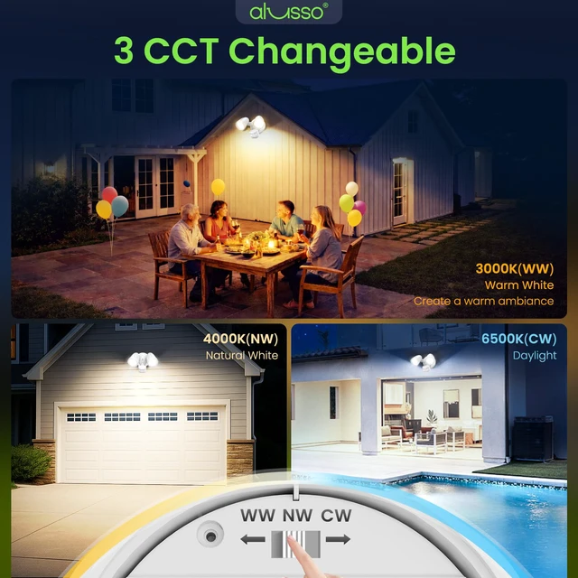 Alt view image 4 of 7 - Metal Heads Motion Sensor Outdoor Lights 30W 3600LM 120V ETL Listed 3 Modes (Dusk to Dawn/Auto/On Time), 3CCT 3000K/4000K/6500K Hardwired Waterproof Flood Lights Outdoor for Porch, White 1PC
