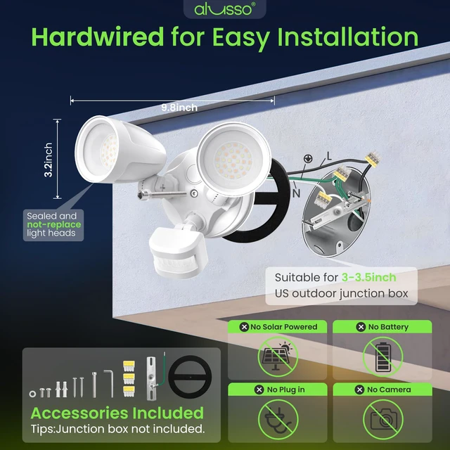 Alt view image 7 of 7 - Metal Heads Motion Sensor Outdoor Lights 30W 3600LM 120V ETL Listed 3 Modes (Dusk to Dawn/Auto/On Time), 3CCT 3000K/4000K/6500K Hardwired Waterproof Flood Lights Outdoor for Porch, White 1PC