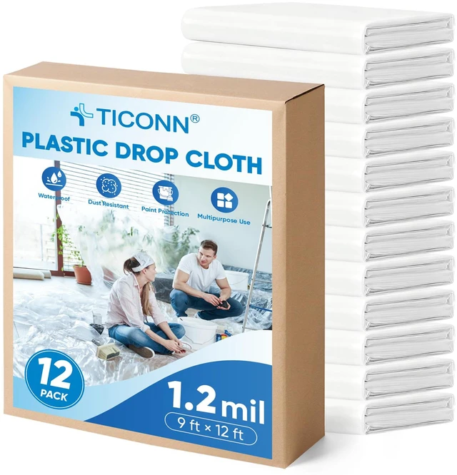 Main image of 12 x 9 Ft Plastic Drop Cloth for Painting, Waterproof Painters Plastic Sheeting, Painting Tarp for Furniture Cover, Floor Protection (12PK, 1.2Mil)