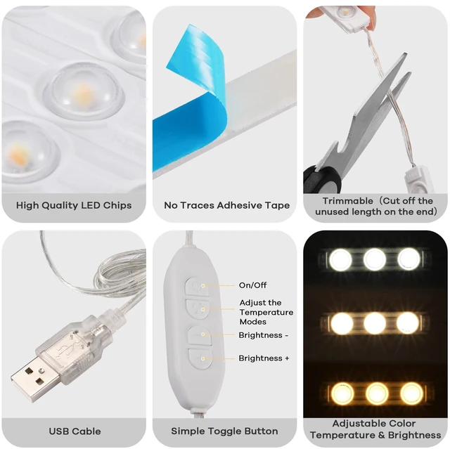 Alt view image 3 of 7 - LED Vanity Lights for Mirror, Hollywood Style Dimmable Light Strip Adjustable Color & Brightness, USB Cable, Makeup Lights Stick on for Vanity Table Dressing Room Mirror