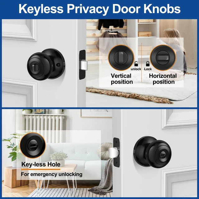 Alt view image 2 of 6 - Black Door Knobs Interior Keyless Privacy Door Knob with Lock 5 Pack Matte Black Keyless Door Locks for Bedrooms, Privacy Bathroom Door Knob Reversible for Left/Right Handle, Adjustable Latch