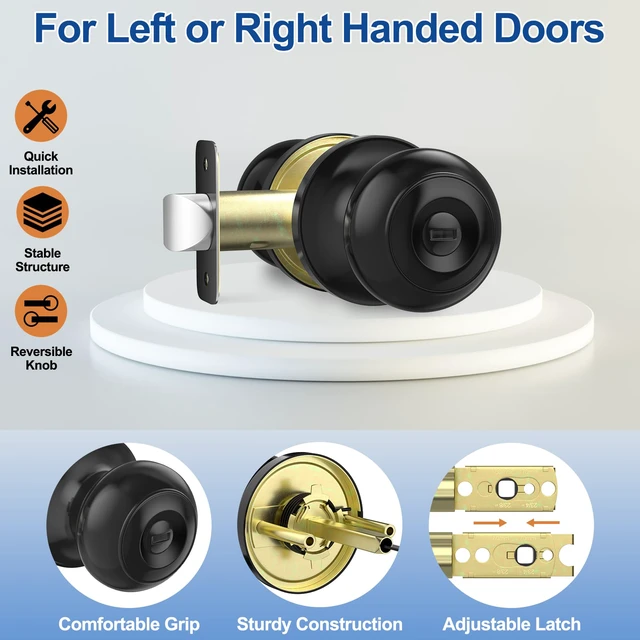Alt view image 3 of 6 - Black Door Knobs Interior Keyless Privacy Door Knob with Lock 5 Pack Matte Black Keyless Door Locks for Bedrooms, Privacy Bathroom Door Knob Reversible for Left/Right Handle, Adjustable Latch