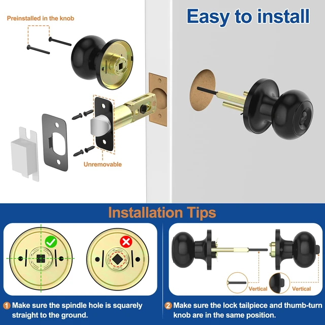 Alt view image 4 of 6 - Black Door Knobs Interior Keyless Privacy Door Knob with Lock 5 Pack Matte Black Keyless Door Locks for Bedrooms, Privacy Bathroom Door Knob Reversible for Left/Right Handle, Adjustable Latch