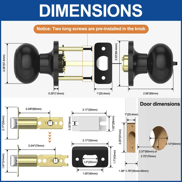 Alt view image 6 of 6 - Black Door Knobs Interior Keyless Privacy Door Knob with Lock 5 Pack Matte Black Keyless Door Locks for Bedrooms, Privacy Bathroom Door Knob Reversible for Left/Right Handle, Adjustable Latch