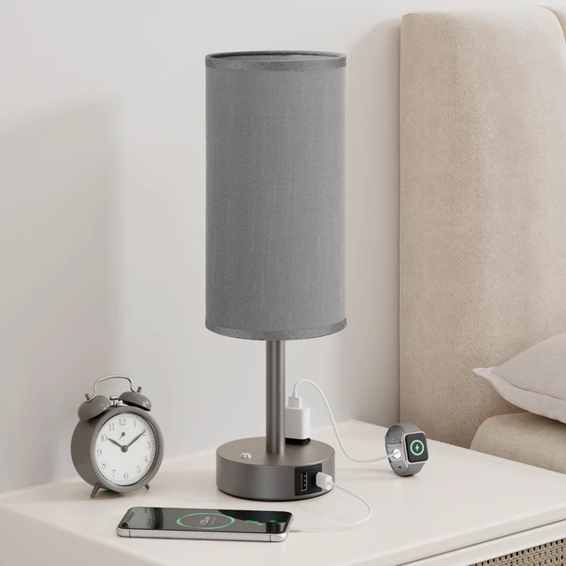 Main image of Grey Touch Bedside Lamp for Bedroom, Stepless Dimmable, USB A+C, AC Outlet Base Touch Button Only, Memory Brightness, Ultra-dim Night Light, Included Bulb for Optimal Dimming, Grey Fabric Shade, Desk