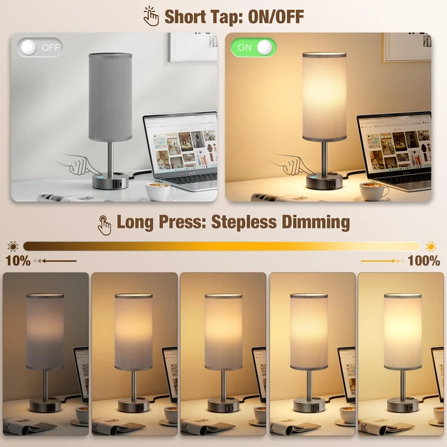 Alt view image 2 of 7 - Grey Touch Bedside Lamp for Bedroom, Stepless Dimmable, USB A+C, AC Outlet Base Touch Button Only, Memory Brightness, Ultra-dim Night Light, Included Bulb for Optimal Dimming, Grey Fabric Shade, Desk