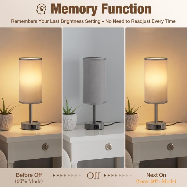 Alt view image 3 of 7 - Grey Touch Bedside Lamp for Bedroom, Stepless Dimmable, USB A+C, AC Outlet Base Touch Button Only, Memory Brightness, Ultra-dim Night Light, Included Bulb for Optimal Dimming, Grey Fabric Shade, Desk