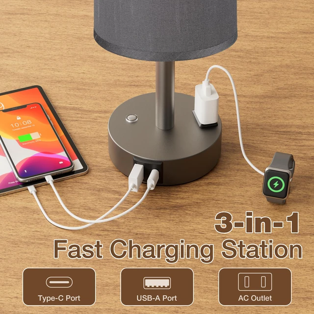 Alt view image 4 of 7 - Grey Touch Bedside Lamp for Bedroom, Stepless Dimmable, USB A+C, AC Outlet Base Touch Button Only, Memory Brightness, Ultra-dim Night Light, Included Bulb for Optimal Dimming, Grey Fabric Shade, Desk