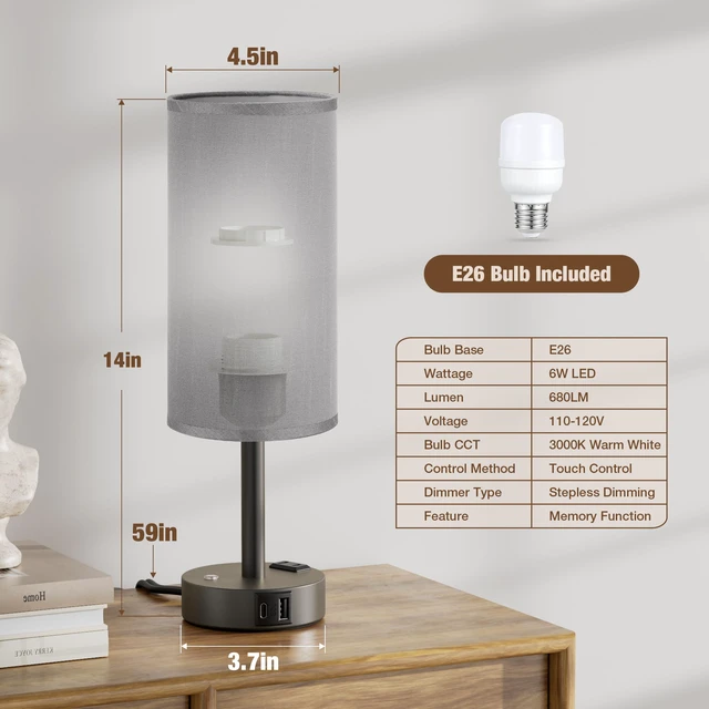 Alt view image 6 of 7 - Grey Touch Bedside Lamp for Bedroom, Stepless Dimmable, USB A+C, AC Outlet Base Touch Button Only, Memory Brightness, Ultra-dim Night Light, Included Bulb for Optimal Dimming, Grey Fabric Shade, Desk