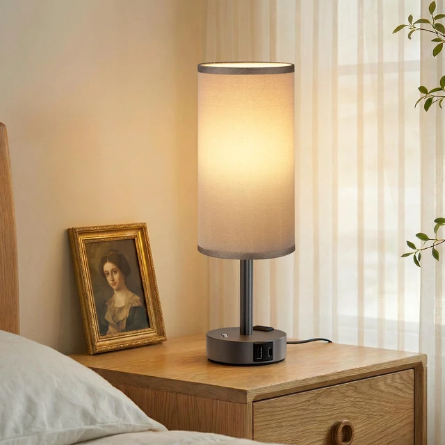 Alt view image 7 of 7 - Grey Touch Bedside Lamp for Bedroom, Stepless Dimmable, USB A+C, AC Outlet Base Touch Button Only, Memory Brightness, Ultra-dim Night Light, Included Bulb for Optimal Dimming, Grey Fabric Shade, Desk