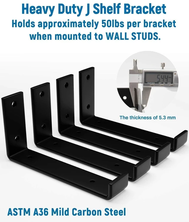 Alt view image 4 of 7 - 10 inch Shelf Brackets 6-Pack, 1/5" Thick Floating Shelf Bracket 9.25" x 6" x 1.5", Heavy Duty Shelf Support for DIY Wall Shelf, Black Industrial Bracket for Kitchen, Garage, Living Room