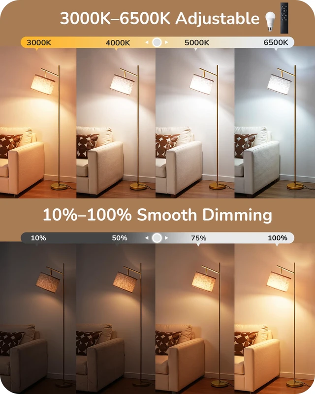 Alt view image 2 of 7 - 64.7IN Gold Floor Lamp for Living Room with Remote, Standing Lamp Dimmable Bulb Included, 5CCT, Foot Switch, Adjustable Head, Minimalist for Bedroom, Living Room, Office