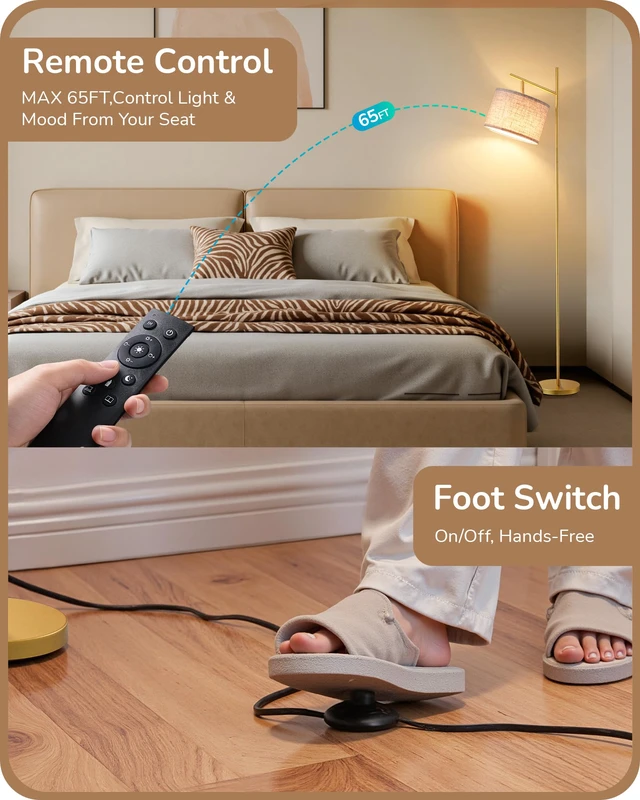 Alt view image 3 of 7 - 64.7IN Gold Floor Lamp for Living Room with Remote, Standing Lamp Dimmable Bulb Included, 5CCT, Foot Switch, Adjustable Head, Minimalist for Bedroom, Living Room, Office