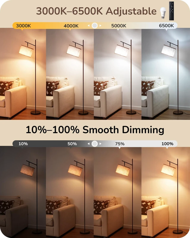Alt view image 2 of 7 - 64.7IN Brown Floor Lamp for Living Room with Remote, Standing Lamp Foot Pedal Switch, 5CCT, Dimmable, Bulb Included, Adjustable Head, Sturdy Base, Modern for Living Room, Bedroom