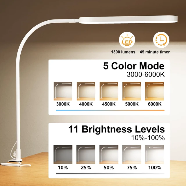 Alt view image 2 of 6 - Led Desk Lamp - 33.5" Desk Light - Flexible Gooseneck - 5 Color Modes X 11 Brightness Levels - 1300LM - Timmer & Memory Function - 12W Clip on Light - White