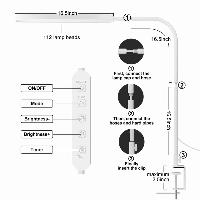 Alt view image 3 of 6 - Led Desk Lamp - 33.5" Desk Light - Flexible Gooseneck - 5 Color Modes X 11 Brightness Levels - 1300LM - Timmer & Memory Function - 12W Clip on Light - White
