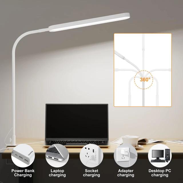Alt view image 4 of 6 - Led Desk Lamp - 33.5" Desk Light - Flexible Gooseneck - 5 Color Modes X 11 Brightness Levels - 1300LM - Timmer & Memory Function - 12W Clip on Light - White