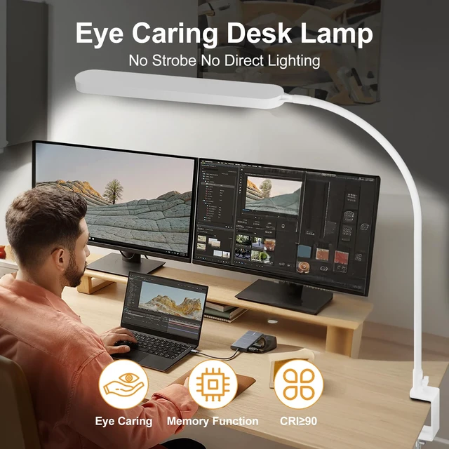 Alt view image 5 of 6 - Led Desk Lamp - 33.5" Desk Light - Flexible Gooseneck - 5 Color Modes X 11 Brightness Levels - 1300LM - Timmer & Memory Function - 12W Clip on Light - White