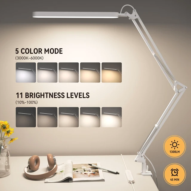 Alt view image 2 of 6 - Led Desk Lamp - 31.5" Desk Light - 5 Color Modes X 11 Brightness Levels - Adjustable Swing Arm - Timmer & Memory Function - 12W Study Lamp - White