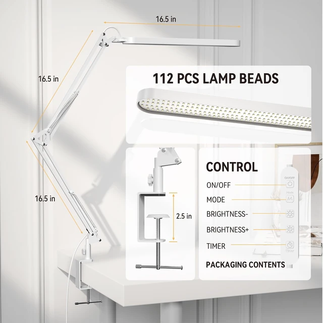 Alt view image 3 of 6 - Led Desk Lamp - 31.5" Desk Light - 5 Color Modes X 11 Brightness Levels - Adjustable Swing Arm - Timmer & Memory Function - 12W Study Lamp - White