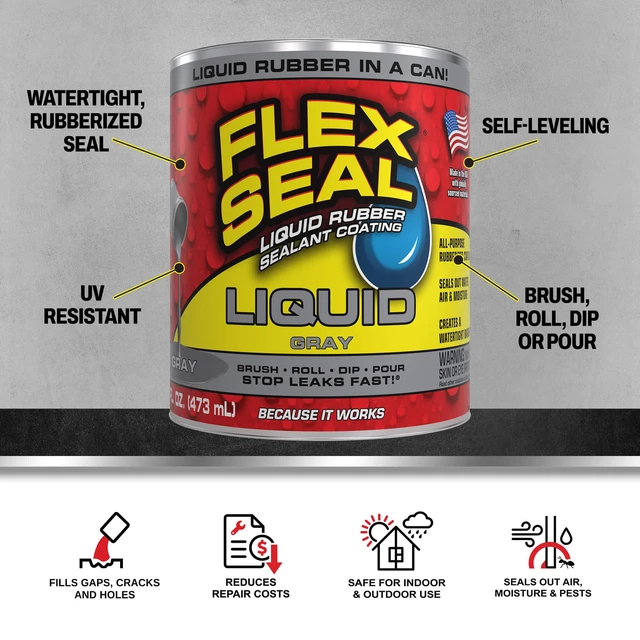 Alt view image 2 of 7 - Rubber Sealant Coating, Waterproof, Gray, 16 oz Stops leaks fast, brush, roll, dip or pour on, UV resistant, prevents rust, corrosion, roof, basement, RV, gutters, masonry