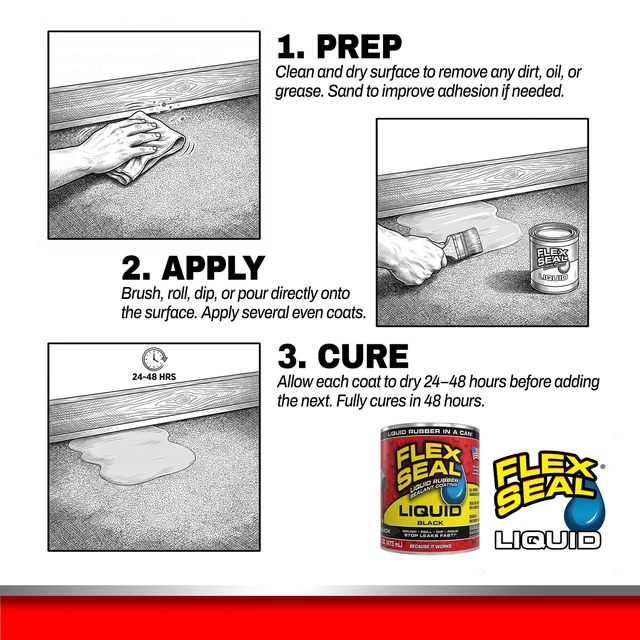 Alt view image 6 of 7 - Rubber Sealant Coating, Waterproof, Black, 16 oz Stops leaks fast, brush, roll, dip or pour on, UV resistant, prevents rust, corrosion, roof, basement, RV, gutters, masonry