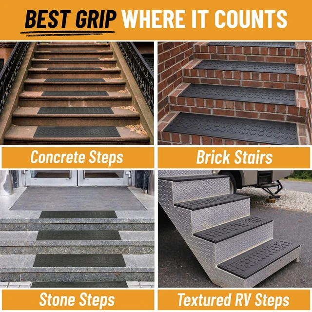 Alt view image 4 of 7 - Outdoor Rubber Stair Treads Coin Heavy-Duty Non-Slip Stair Mats Best Grip on Concrete, Brick & Textured Step Fastening Recommended for Wooden & RV Steps, Pack of 5