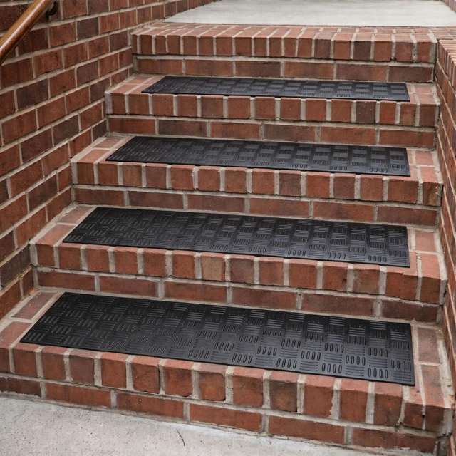 Main image of Outdoor Rubber Stair Treads Ribbed Heavy-Duty Non-Slip Stair Mats Best Grip on Concrete, Brick & Textured Step Fastening Recommended for Wooden & RV Steps, Pack of 5