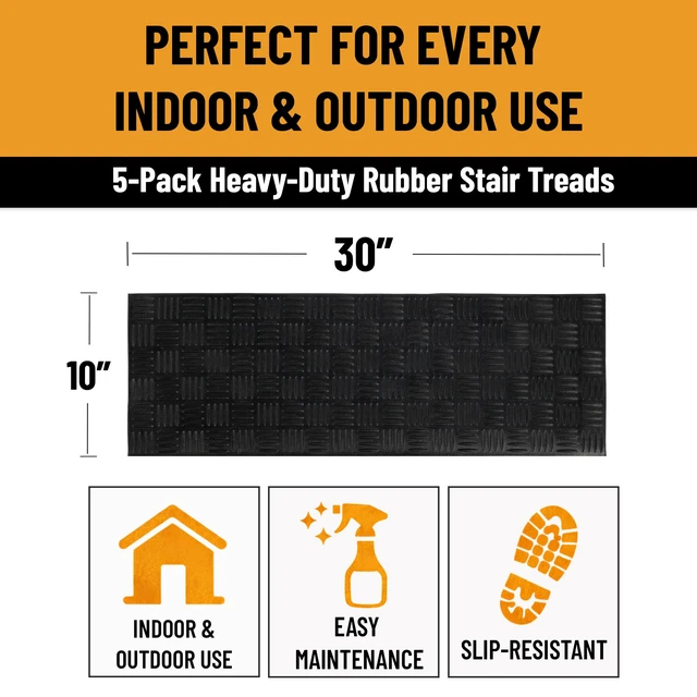 Alt view image 3 of 7 - Outdoor Rubber Stair Treads Ribbed Heavy-Duty Non-Slip Stair Mats Best Grip on Concrete, Brick & Textured Step Fastening Recommended for Wooden & RV Steps, Pack of 5