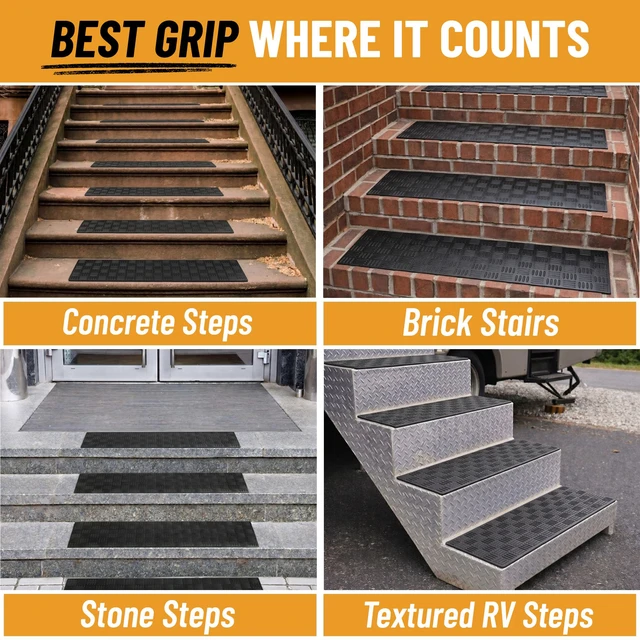 Alt view image 5 of 7 - Outdoor Rubber Stair Treads Ribbed Heavy-Duty Non-Slip Stair Mats Best Grip on Concrete, Brick & Textured Step Fastening Recommended for Wooden & RV Steps, Pack of 5