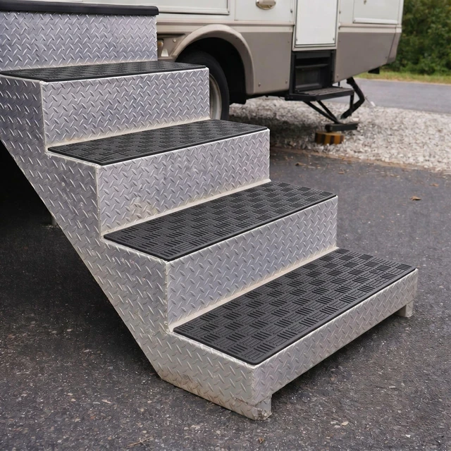 Alt view image 2 of 7 - Outdoor Rubber Stair Treads Ribbed Heavy-Duty Non-Slip Stair Mats Best Grip on Concrete, Brick & Textured Step Fastening Recommended for Wooden & RV Steps, Pack of 5