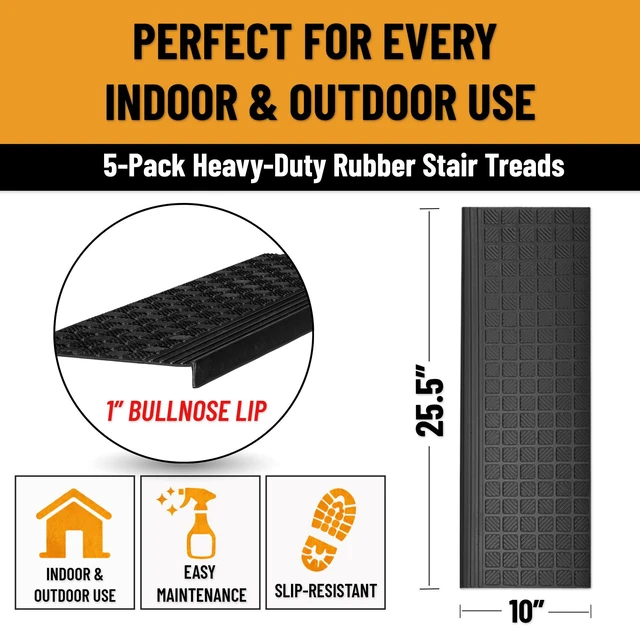 Alt view image 3 of 7 - Bullnose Stair Treads Outdoor Grid Heavy-Duty Non-Slip Stair Mats Best Grip on Concrete, Brick & Textured Step Fastening Required for Wooden & RV Steps, Pack of 5