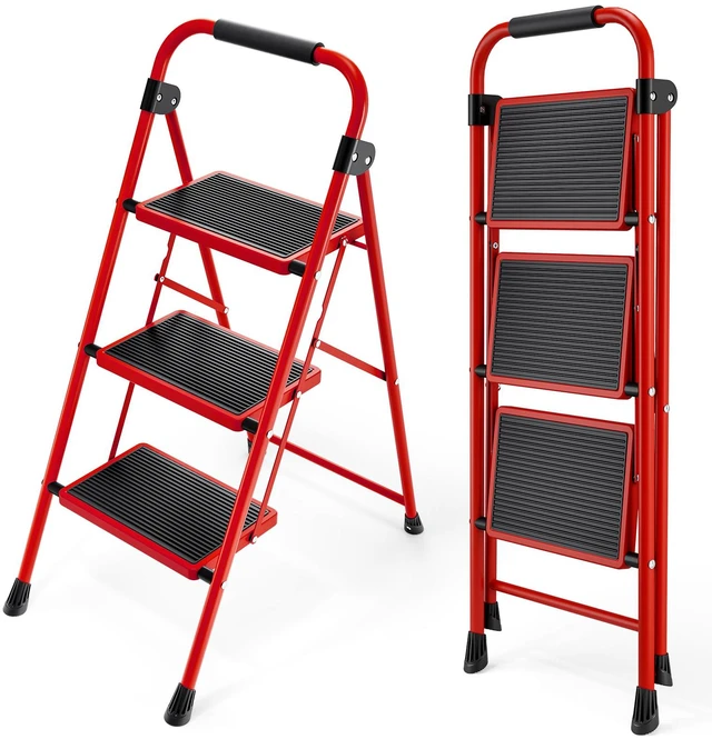 Main image of Step Ladder, Folding Ladder with Non-Slip and Wide Pedal, Small Ladder with Handle, Heavy Duty Steel Stool, Lightweight Step Ladder (Red, 3 Step Stool)