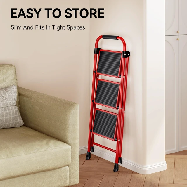 Alt view image 7 of 7 - Step Ladder, Folding Ladder with Non-Slip and Wide Pedal, Small Ladder with Handle, Heavy Duty Steel Stool, Lightweight Step Ladder (Red, 3 Step Stool)