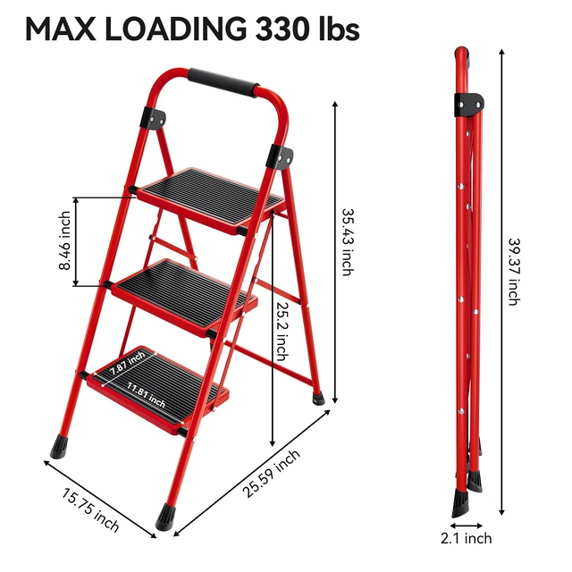 Alt view image 6 of 7 - Step Ladder, Folding Ladder with Non-Slip and Wide Pedal, Small Ladder with Handle, Heavy Duty Steel Stool, Lightweight Step Ladder (Red, 3 Step Stool)