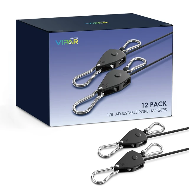 Main image of Retractable Heavy Duty Ratchet Tie Down Straps 1/8" 12 Pack, 8ft Tie-Down 75lbs/Pack Rope Pulley System with Carabiner Hook Rope Adjuster for Hanging Plants/Grow Light/Tents Various Uses