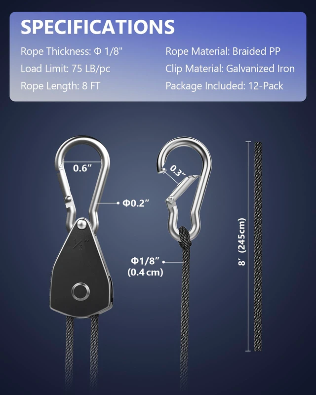 Alt view image 7 of 7 - Retractable Heavy Duty Ratchet Tie Down Straps 1/8" 12 Pack, 8ft Tie-Down 75lbs/Pack Rope Pulley System with Carabiner Hook Rope Adjuster for Hanging Plants/Grow Light/Tents Various Uses